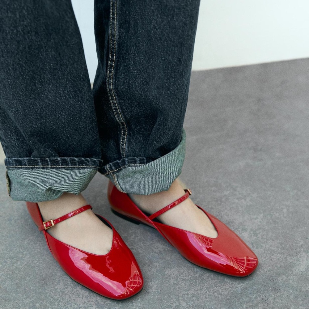 ZARA Faux Patent Leather Red Ballerina Flats